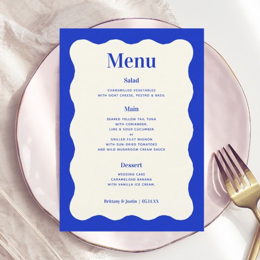 Fun Retro Blue Modern Wavy Mariage Cartes de menu