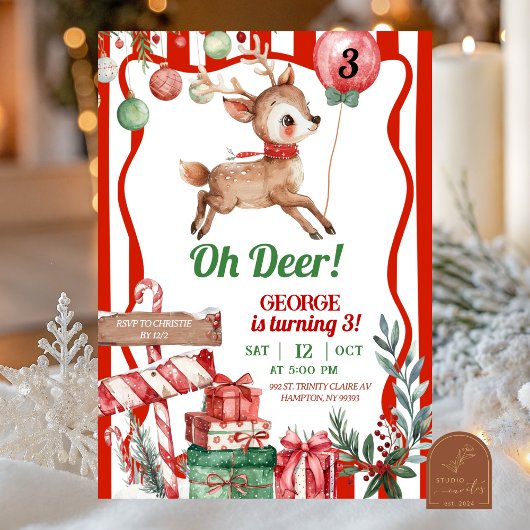 Fun Retro Christmas Deer Birthday Invitation