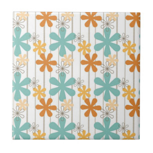 Fun Retro Floral Pattern Oranje Blue Wall Flowers Tegeltje