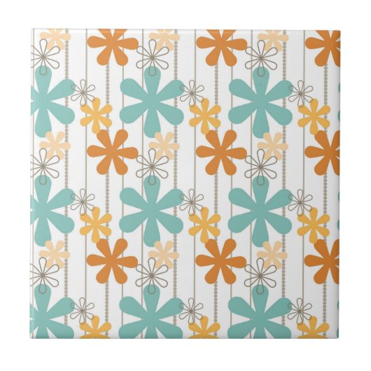 Fun Retro Floral Pattern Oranje Blue Wall Flowers Tegeltje (Voorkant)