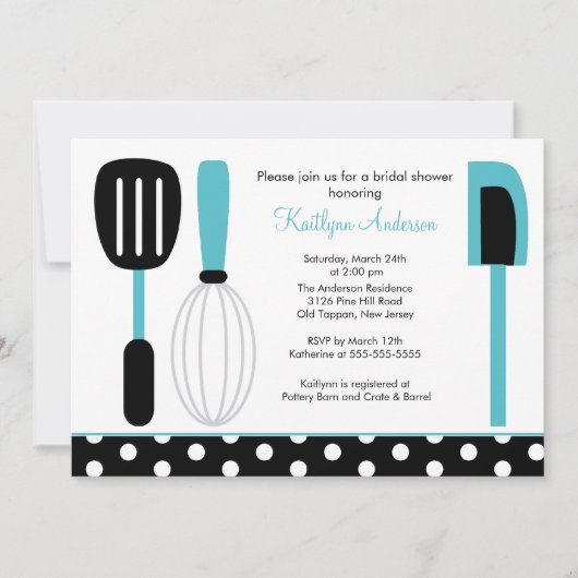 Fun Retro Kitchen Bridal Shower Invitation Blue Kaart (Voorkant)