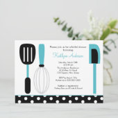 Fun Retro Kitchen Bridal Shower Invitation Blue Kaart (Staand voorkant)