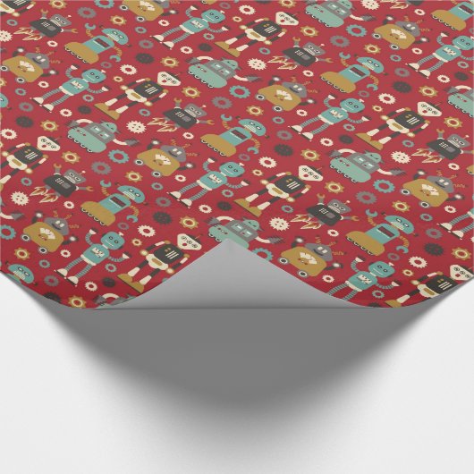 Fun Retro Robots Illustrated Pattern (Red) Cadeaupapier (Hoek)