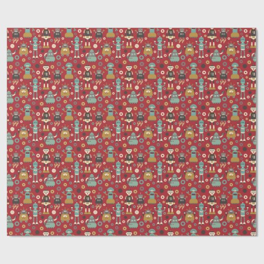 Fun Retro Robots Illustrated Pattern (Red) Cadeaupapier (Vlak)