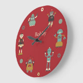 Fun Retro Robots Illustrated Pattern (Red) Grote Klok (Hoek)