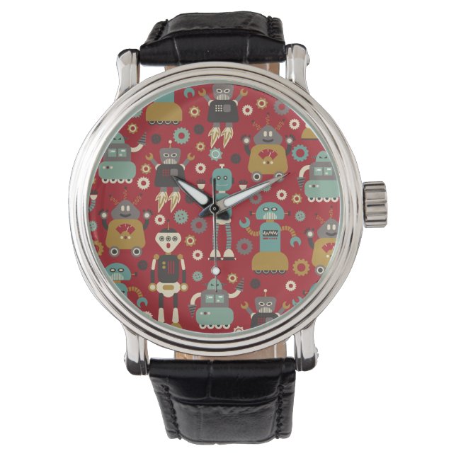 Fun Retro Robots Illustrated Pattern (Red) Horloge (Voorkant)