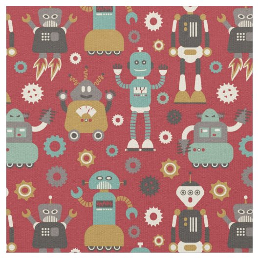 Fun Retro Robots Illustrated Pattern (Red) Stof (Close Up)