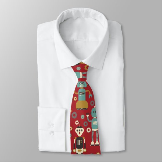 Fun Retro Robots Illustrated Pattern (Red) Stropdas (Gebonden)