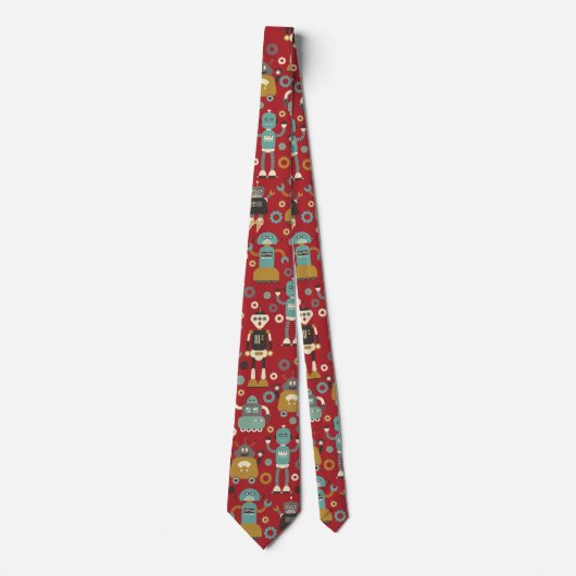 Fun Retro Robots Illustrated Pattern (Red) Stropdas (Voorkant)