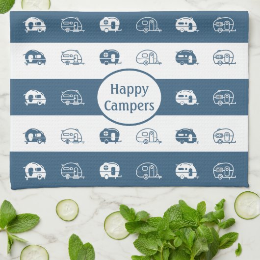 Fun Retro RV Happy Campers in Blue and White Theedoek (Gevouwen)