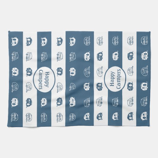 Fun Retro RV Happy Campers in Blue and White Theedoek (Horizontaal)