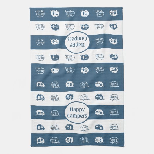 Fun Retro RV Happy Campers in Blue and White Theedoek (Verticaal)