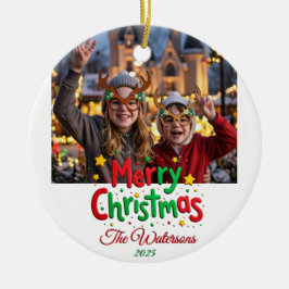 Fun Retro Script Merry Christmas Letterpress Photo Keramisch Ornament