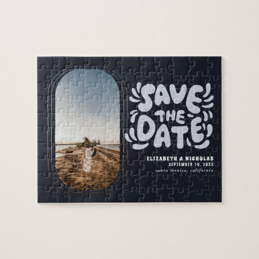 Fun Retro Typography Photo Weddenschap Save the Da Legpuzzel (Horizontaal)