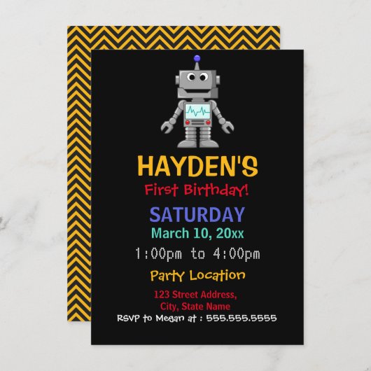 Fun Robot First Birthday Party Invitation (Devant / Derrière)