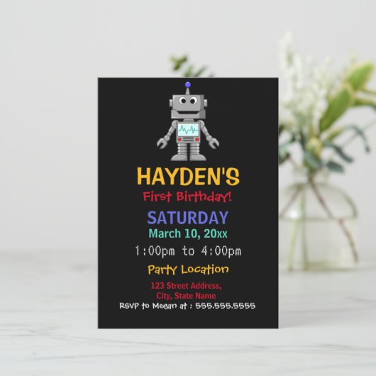 Fun Robot First Birthday Party Invitation (Debout devant)