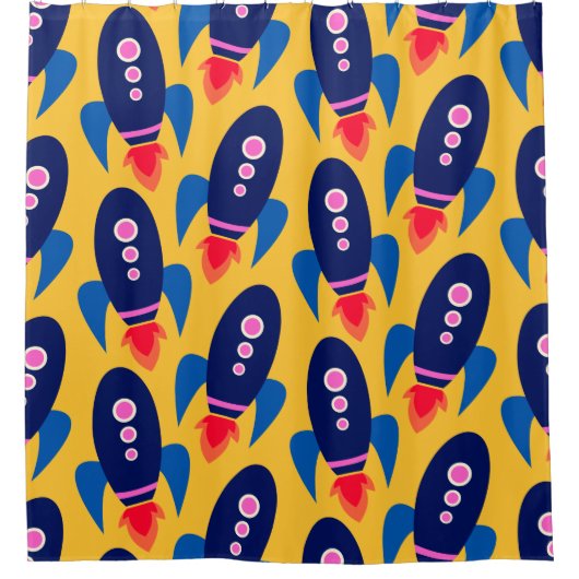 Fun Rocket Spaceship Astronaut Pattern in Yellow Douchegordijn (Voorkant)