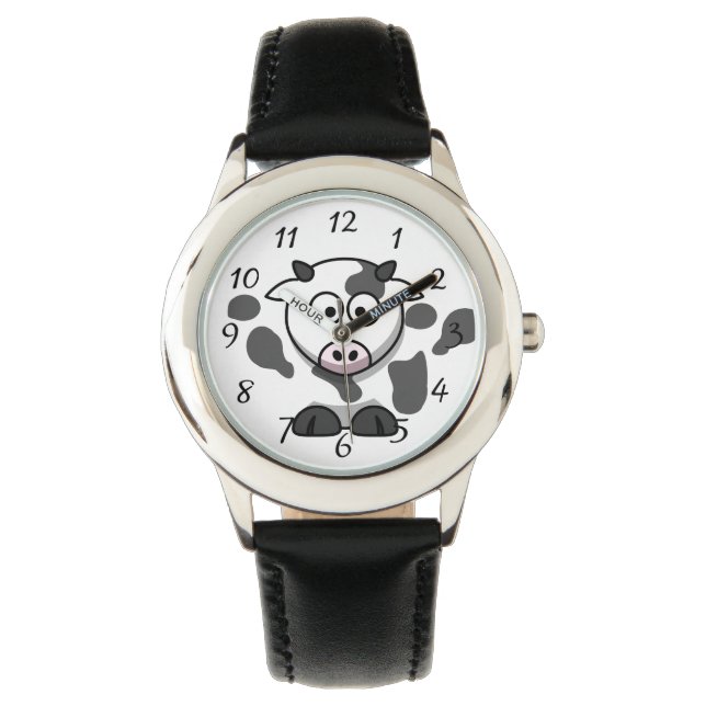 Fun Round Cartoon Koe Kinderen Horloge (Voorkant)