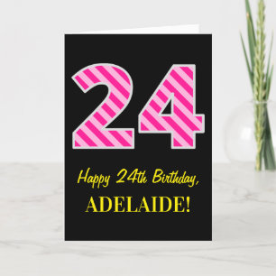 Fun roze gestreept "24"; Happy 24th Birthday; Naam Kaart