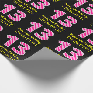 Fun. roze strepen "13"; 13e verjaardag; Naam Cadeaupapier