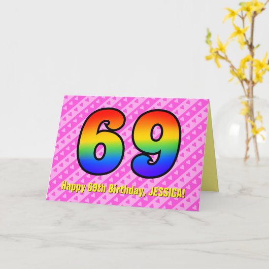 Fun. roze stripes, harten, regenboog # 69e verjaar kaart (Gele Bloem)
