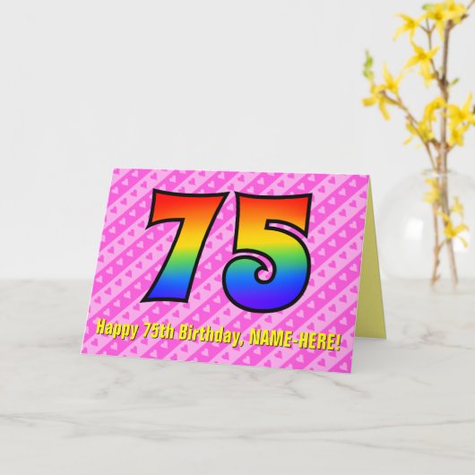 Fun roze stripes, harten, regenboog # 75e verjaard kaart (Gele Bloem)