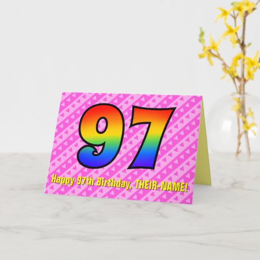 Fun. roze stripes, harten, regenboog # 97e verjaar kaart (Gele Bloem)