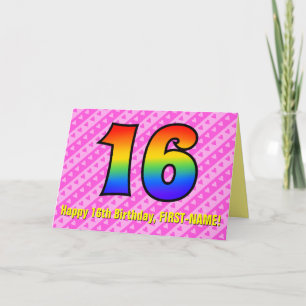 Fun roze stripes, harten, regenboognr. 16e verjaar kaart