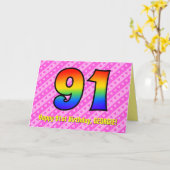 Fun roze stripes, harten, regenboognr. 91e verjaar kaart (Gele Bloem)