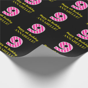 Fun. roze strips "9"; Fijne 9de verjaardag; Naam Cadeaupapier
