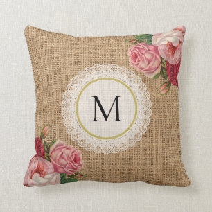 Fun Rustic Burlap Floral Lace Monogram Kussen