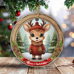 Fun Rustic Pine Wood Fawn Gift Tag Unique Doe 🦌🎄 Keramisch Ornament