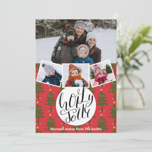 Fun Script Holly Jolly Festive kerstpine Tre Feestdagenkaart (Staand voorkant)