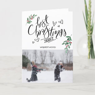 Fun Script Red Holly Berries Beste Kerstmis ooit Feestdagen Kaart