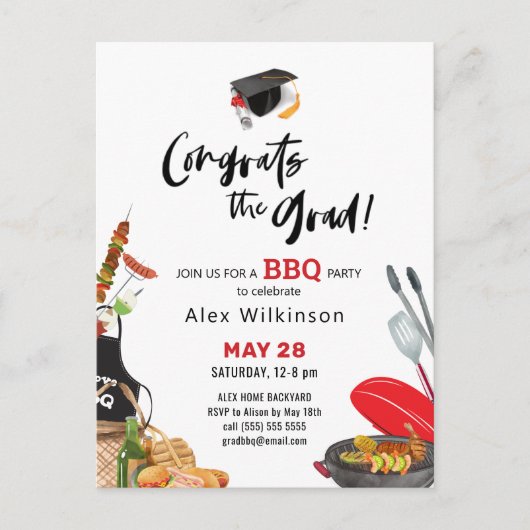 Fun Scripty Red Afstuderen BBQ Party Invitation Briefkaart (Voorkant)