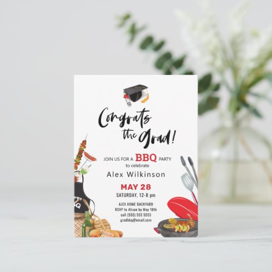 Fun Scripty Red Graduation BBQ Party Invitation (Debout devant)