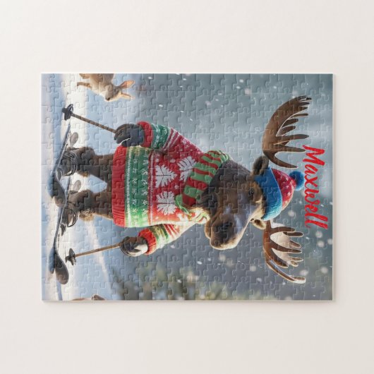 Fun Skiing Moose Noël Puzzle personnalisé (Horizontal)