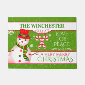 FUN Sneeuwman in rood Pet en sjaal | GROENE Kerstm Deurmat (Voorkant)