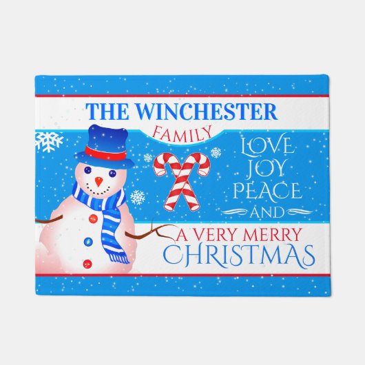 FUN Snowman in Blue Pet en Scarf | BLUE Kerstmis Deurmat (Voorkant)