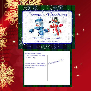 Fun Snowmen Season's Groetjes Zwart Horloge Tartan Feestdagenkaart