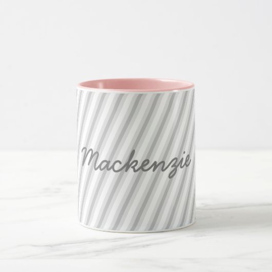 Fun Soft Grey op White Stripes met naam Mok (Midden)
