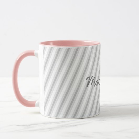 Fun Soft Grey op White Stripes met naam Mok (Links)