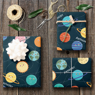 Fun Solar System Planets Pattern for Kids Blue Wra Inpakpapier Vel