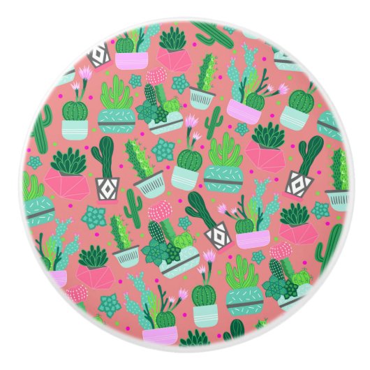 Fun Southwestern Cute Girly Pink Cactus Pattern Keramische Knop (Voorkant)