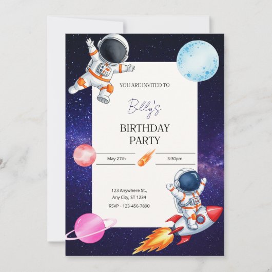 Fun Spaceman & Rocket Child's birthday invitation (Devant)