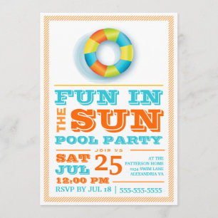 Fun Sun Pool Party Colorful Retro Invitation Kaart