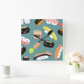 Fun Sushi-tekens op Blauwgroen () Vierkante Klok (Huis)