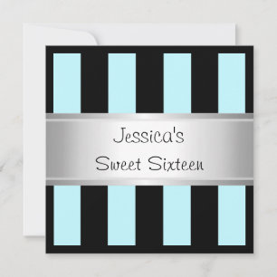 Fun Sweet 16 Light Blue Stripes Silver Party Kaart