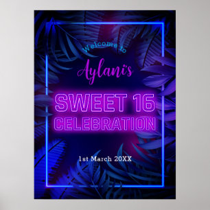 Fun Sweet 16 Neon Glow Verjaardagsfeest Welkom Poster
