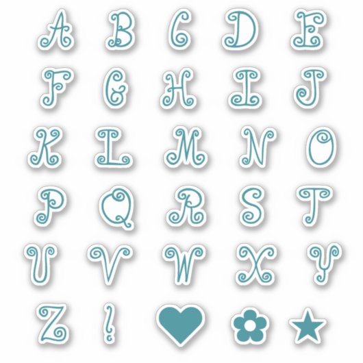 Fun Swirly Blauwgroen Font Alphabet Initialen Mono Sticker (Voorkant)